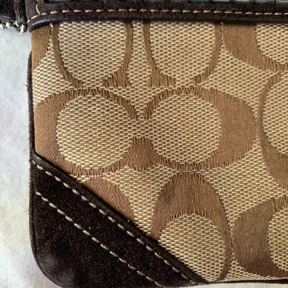 Y2K Coach Signature Fabric Wristlet Brown Beaded Detail